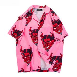 Men Devil Print Relaxed Short Sleeve Revere Shirts