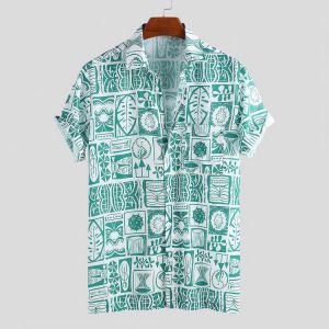 Mens Summer Floral Printed Chest Pocket Turn Down Collar Short Sleeve Loose Casual Shirts