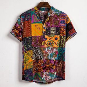 Mens Ethnic Style Patchwork Floral Printing Cotton Casual Henley Shirts