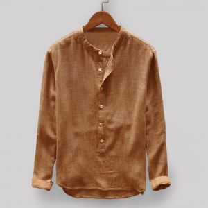 Mens Vintage Loose Comfy Solid Color Buttons Fly Long Sleeve Casual T-shirts