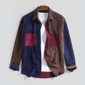 Mens Vintage Patchwork Double Pockets Long Sleeve Casual Shirts