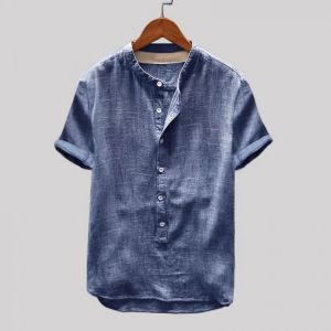 Mens Vintage Stand Collar Solid Color Short Sleeve Loose Casual T-shirts