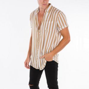 Men Vertical Stripe Turn-down Collar Short Sleeve Shirts