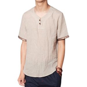 Mens Breathable Linen V Shape Crew Neck T-Shirts Casual Side Slit Hem Solid Color Short Sleeved Tops