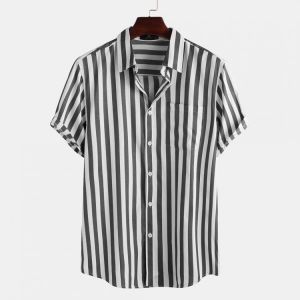 Mens Fashion Stripe Pocket Short Sleeve Casual Shirts