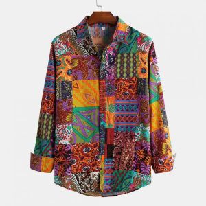 Mens Ethnic Autumn Colorful Printing Long Sleeve Shirts