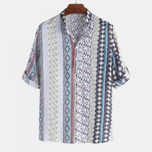 Mens Vintage Ethnic Style Printing Half Sleeve Loose Casual T Shirts