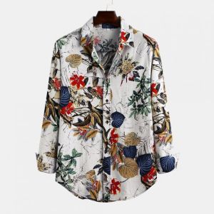 Mens Fashion Flax Leaves Floral Printed Long Sleeve Casual Shirts