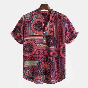 Men's Vintage Floral Ethnic T Shirts Summer Beach Dashiki Floral Casual Tops Tee