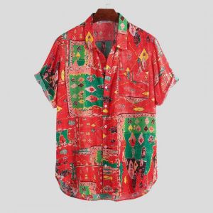 Mens Summer Graffiti Printing Chest Pocket Turn Down Collar Short Sleeve Loose Shirts