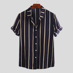 Mens Vertical Striped Summer Short Sleeve Casual Fashion Shirts