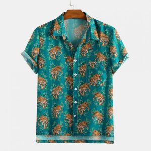 Mens Vintage Chinese Stlye Tiger Printed Turn Down Collar Short Sleeve Casual Shirts