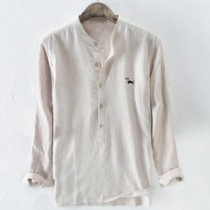 TWO-SIDED Dog Embroidery Cotton Breathable Striped Loose Casual Men Buttons Shirts