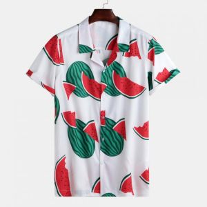 Men Watermelon Print Short Sleeve Hawaiian Revere Shirts