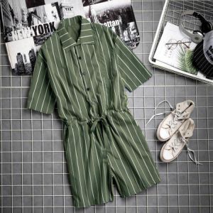 Mens Vintage Striped Rompers Set Short Sleeve Onesie Fashion Jumpsuit