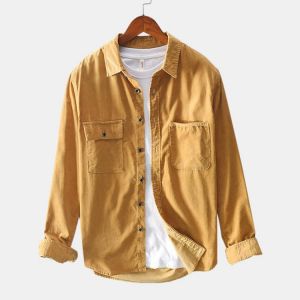 Mens Vintage Corduroy Double Pockets Long Sleeve Casual Shirts
