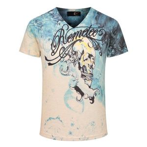 3D Printing Summer Skull Printed Shirt Tide Mens V-neck Blue White T-shirts