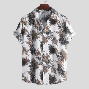 Men Hawaiian Leaf Printed Cotton Short Sleeve Loose Shirts