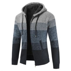 Mens Thick Velvet Casual Thermal Knitting Cardigans Hooded Color Matching Sweaters