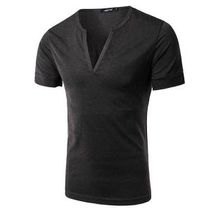 Men's Fashion Sexy Deep V-Collar T-shirts Casual Slim Pure Color Short Sleeve Tees