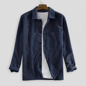 Mens Vintage Corduroy Double Big Pockets Long Sleeve Casual Shirts