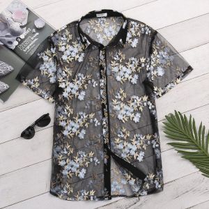 Mens Slim Openwork Embroidered Plus Size Short Sleeve Shirts
