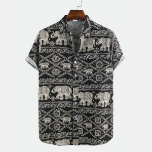 Mens Ethnic Elephant Printed Short Sleeve Casual Shirts