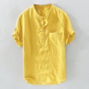 Mens Casual Loose Solid Color Pocket Cotton Shirts