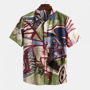 Mens Summer Abstract Printed 100% Cotton Short Sleeve Casual Shirts