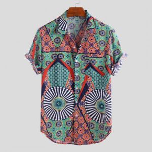 Mens Ethnic Style Pattern Printed Short Sleeve Breathable Loose Casual Shirts