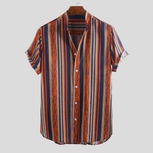 Men Vertical Stripe Short Sleeve Stand Collar Shirts