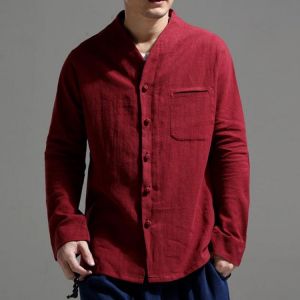 Mens Vintage Pocket Stand Collar Long Sleeve Casual Shirts