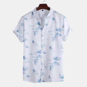 Unisex Summer Landscape Printed Chinese Style Turn Down Collar Casual Shirts
