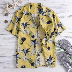 TWO-SIDED Mens Eye-Catching Breathable Loose Pineapple Printing Cotton Beach Shirts