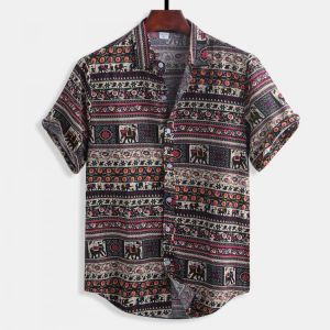 Mens Summer Floral Printing Cotton National Loose Fit Short Sleeve Casual Shirts