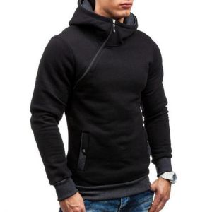Men's Casual Modish Tilted Zipper Patchwork Buttons Pocket Design Hooded Long Sleeve Sweatshirt