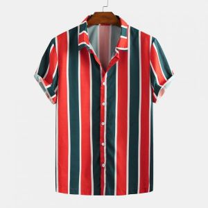 Mens Summer Hit Color Stripe Turn Down Collar Casual Shirts