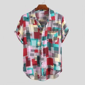 Mens Summer Colorful Plain Printed Pocket Short Sleeve Casual Shirts