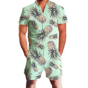 Men Hawaii Beach Print Jumpsuits Casual Short Sleeve Zipper Breathable Cotton Shirts