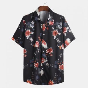 Mens Chinese Fashion Floral Printed Square Collar Short Sleeve Casual Shirts