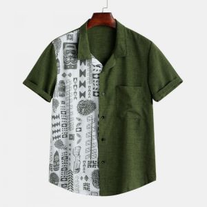 Mens Pattern Chest Pocket Short Sleeve Patchwork Shirts