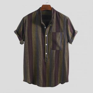 Mens Business Big Pocket Half Buttons Stripe Short Sleeve Casual Shirts