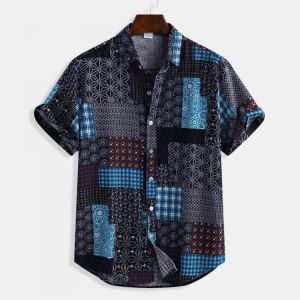 Mens Patchwork Printing Cotton Breathable Ethnic Style Summer Casual Shirts
