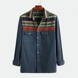 Men 100% Cotton Ethnic Pattern Patchwork Dual Pockets Shirts