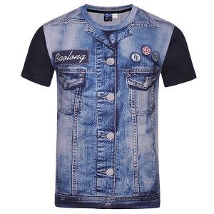Mens Fashion Creative 3D Denim Jacket Printed T-Shirts Casual O-neck Short Sleeve Tops Tees