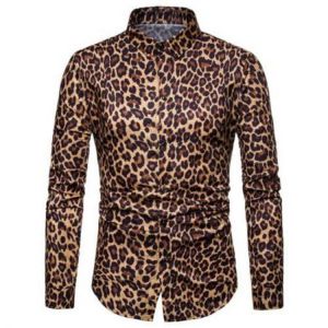 Men's Casual Leopard Printing Turn Down Collar Long Sleeve Shirts