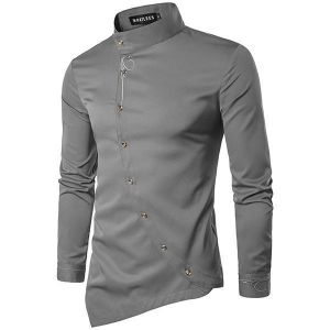 Mens Embroidery Irregular Hem long Sleeve Shirts