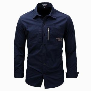 Outdoor Military Style Chest Zipper Pocket Long Sleeve Lapel Cotton Work Shirt for Men
