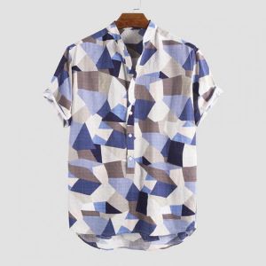 Mens Summer Fashion Casual Loose Color Blocks Printing Shirts
