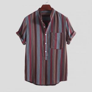 Mens 100% Cotton Practical Pocket Stripe Short Sleeve Loose Casual Shirts